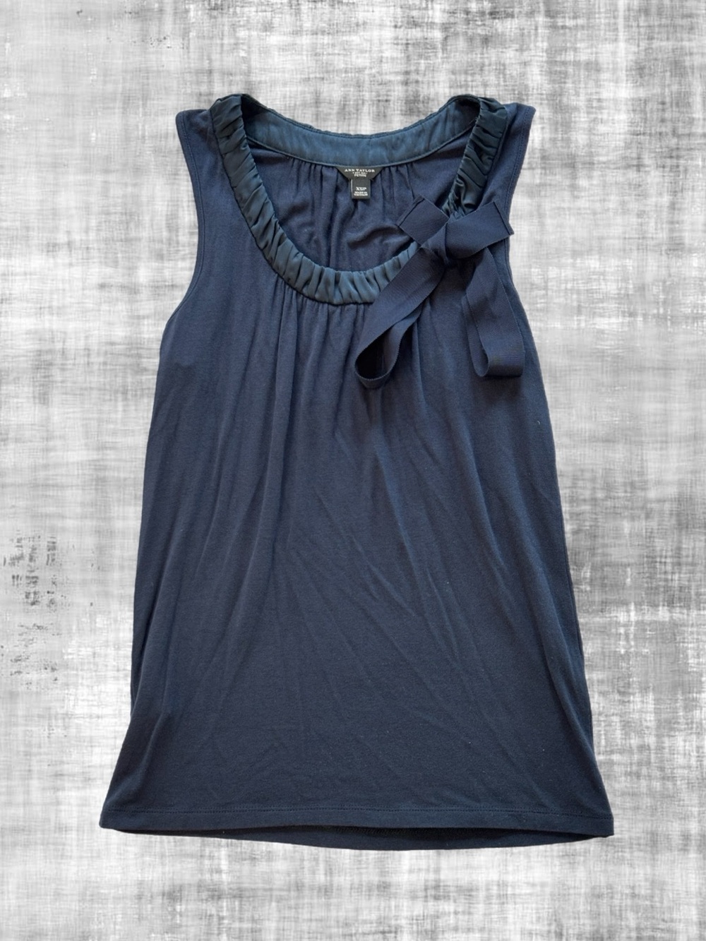 Ann Taylor Petite XSP Navy Sleeveless Bow Neck Blouse Top